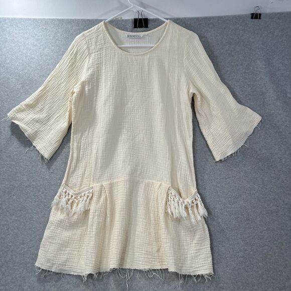 Bird & Knoll Tunic Mini Dress Beige Gauze Crinkle Cotton Lagenlook s/m - Picture 16 of 16